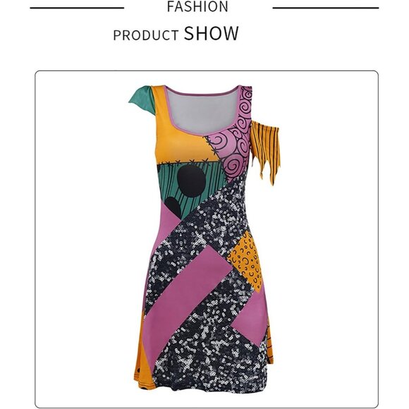 Women's Sequin Christmas Nightmare Halloween Costumes Sally Cosplay Print Dress - Picture 2 of 7